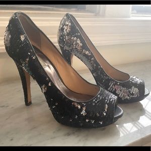 BADGLEY MISCHKA Statement Black Sequin Peeptoe 8M
